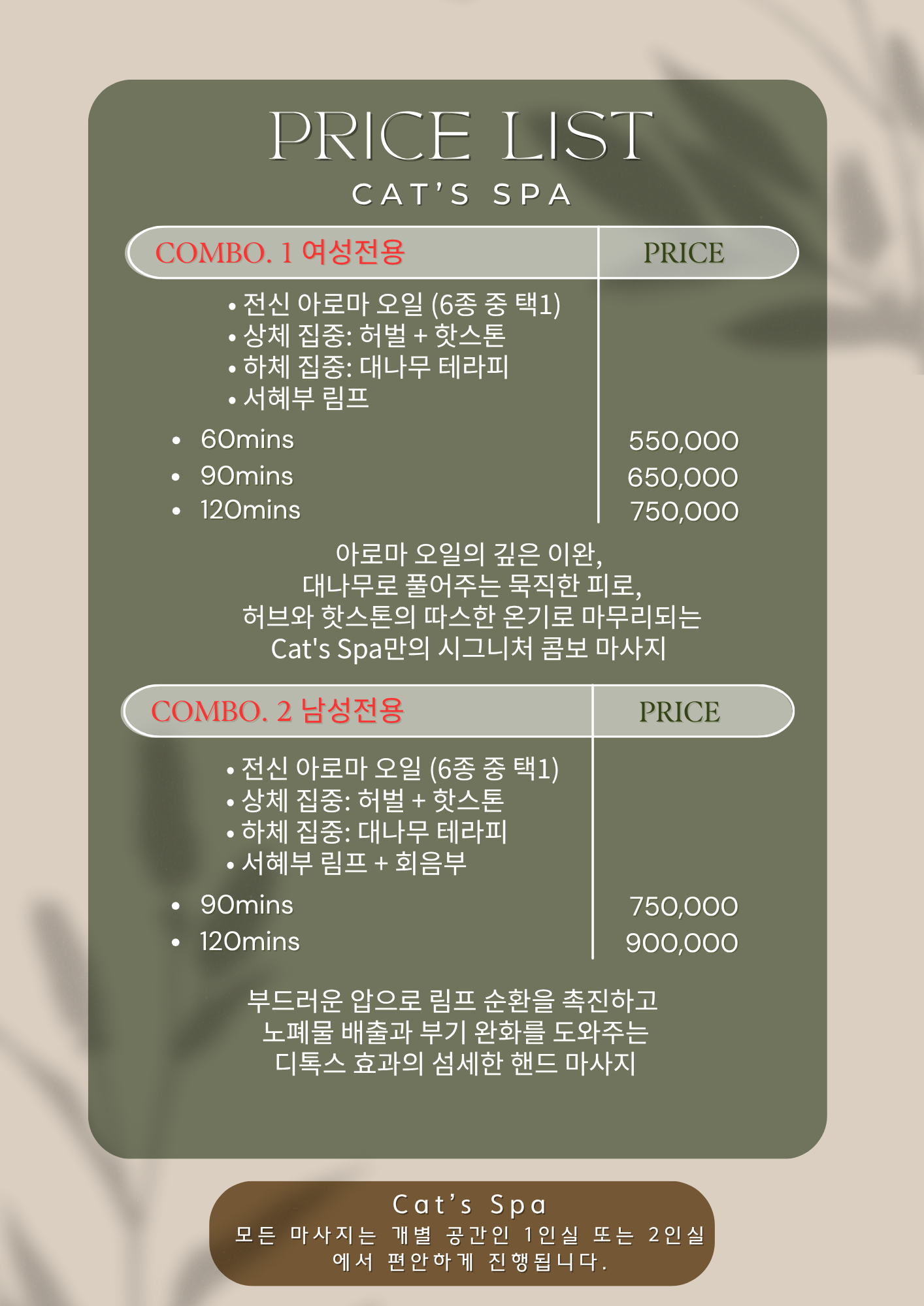 다낭 캣츠스파 가격표